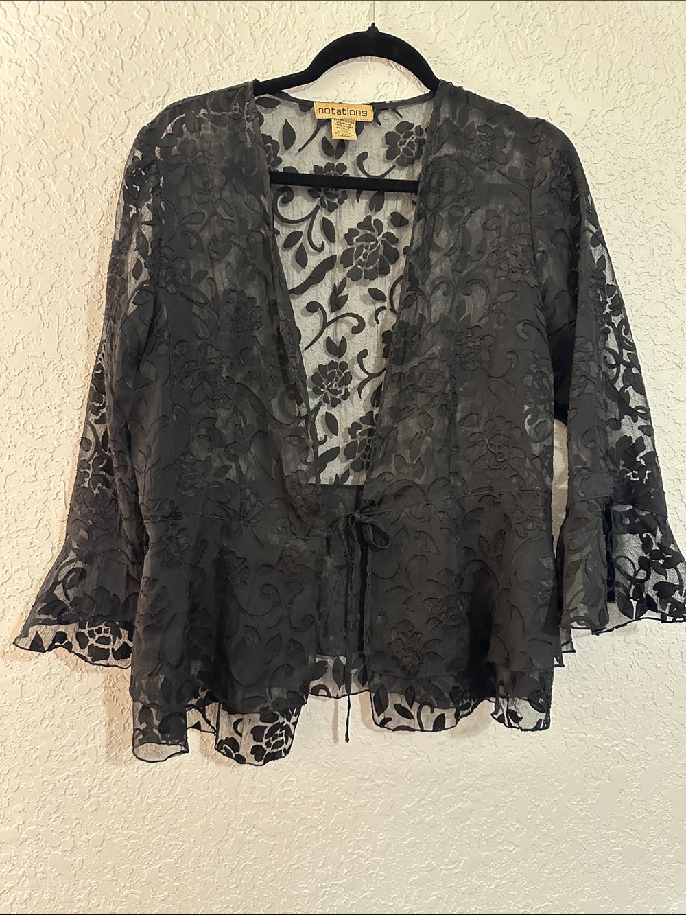 Notations Black Sheer Floral Tie-Front Top